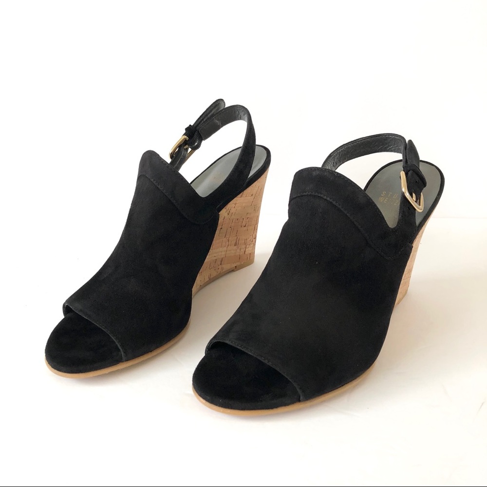 Stuart Weitzman Liner Black Suede Open Toe Sling Back Cork Wedge Sandals